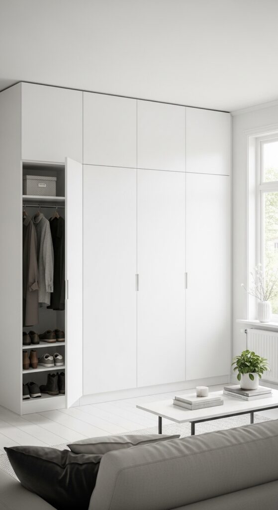 Hidden Besta: "Seamless wall of white IKEA Besta cabinets in a living room, hiding coats and shoes, minimalist interior design, clean and hidden storage."